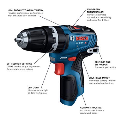 Bosch 12V Brushless Hammer Drill/Driver - Powerful Compact Professional Tool 1 Bosch GSB12V-300N 12V Max Brushless 3/8 In. Hammer Drill/Driver (Bare Tool)