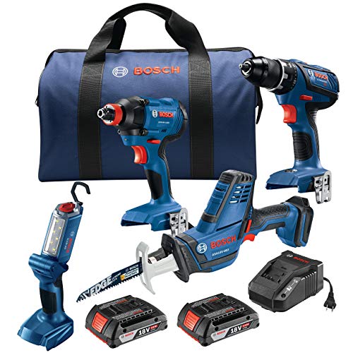 Bosch 18V Cordless Power Tool Set | 4-Tool Combo Kit | Refurbished 1 Bosch GXL18V-496B22-RT 18V Lithium-Ion Cordless 4-Tool Combo Kit (2 Ah) (Renewed)