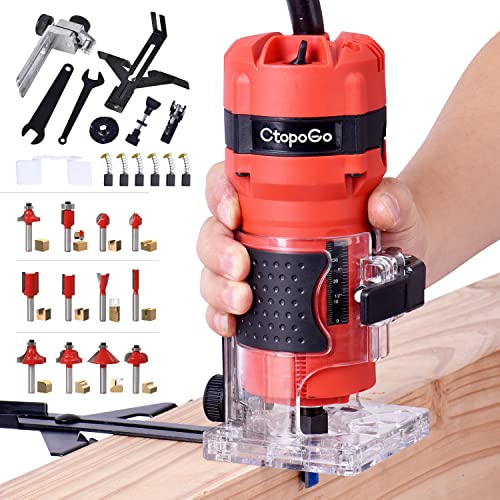 Powerful Compact Palm Router 800W Wood Trimmer + 12 Router Bits Set 1 Compact Palm Router Tool, 800W Hand Wood Trimmer with 12PCS 1/4" Router Bits for Woodworking
