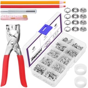 Swpeet 100 Sets 9.5mm/0.37" Silver Hollow Metal Snaps Buttons with Snap Fasteners Pliers Pull Crayons Tape Measure Assortment Kit, Leather Snap Button Fasteners Tools Kit for Clothing Sewing Crafting