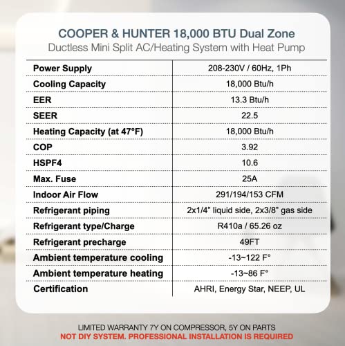 Cooper & Hunter 18K BTU 2-Zone Mini Split AC/Heat Inverter System, 22.5 SEER, Pre-Charged 4 Cooper & Hunter 18K BTU 2-Zone Mini Split AC/Heat Inverter System, 22.5 SEER, Pre-Charged - Image 4