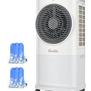 Grelife 3-in-1 Portable Air Conditioner, 400 Sq.Ft Evaporative Air Cooler with 1.72Gal Tank & 4 Ice Packs, 360° Oscillation, 30ft/s Wind Speed, 42dB Quiet, 8H Timer for Bedroom/Office/Home