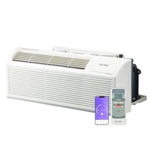 OLMO 15,000 BTU PTAC Heating and Cooling Packaged Terminal Air Conditioner with Heat Strip (R32 Refrigerant) and 5 kW Electric Heater Including Wireless Smart Kit, Remote Controller, and a Power Cord