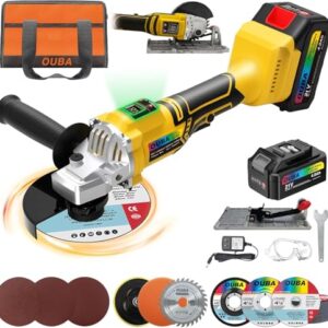 OUBA Cordless Angle Grinder Compatible for Dewalt battery 20V Power Angle Grinder 4.0Ah, Metal Grinder with LED, 6 Variable Speed, 4-1/2" Cutting Wheel, Flap Disc for Cutting, Polishing, Yellow