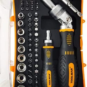 TOOLMAK 61pcs Ratcheting Screwdriver Set,Socket Set,Precision Screwdriver Bit Set with Rotatable Ratchet Handles ＆ Storage Case,Household Repair Tool Kits for Bike Watches and glasses,phones etc