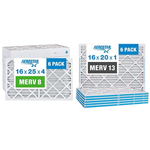 Aerostar 16x25x4 MERV 8 Pleated Air Filter, AC Furnace Air Filter & 16x20x1 MERV 13 Pleated Air Filter, AC Furnace Air Filter, 6 Pack (Actual Size: 15 3/4"x 19 3/4" x 3/4")