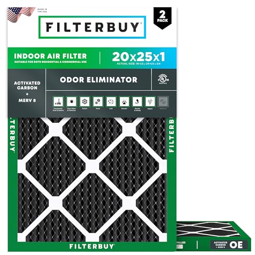 Filterbuy 20x25x1 Air Filter MERV 8 (MPR 700) Odor Eliminator Replacement (2-Pack), Electrostatic Pleated HVAC AC Furnace Filters w/Activated Carbon, Made in USA (Actual Size: 19.50 x 24.50 x 0.75)