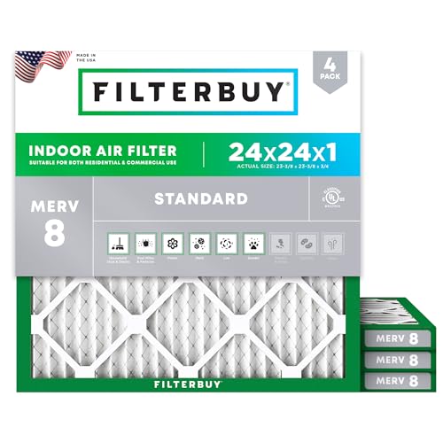 Filterbuy 24x24x1 Air Filter MERV 8 (MPR 700) Dust Defense Replacement (4-Pack), Electrostatic Pleated HVAC AC Furnace Filters, Made in USA (Actual Size: 23.38 x 23.38 x 0.75)