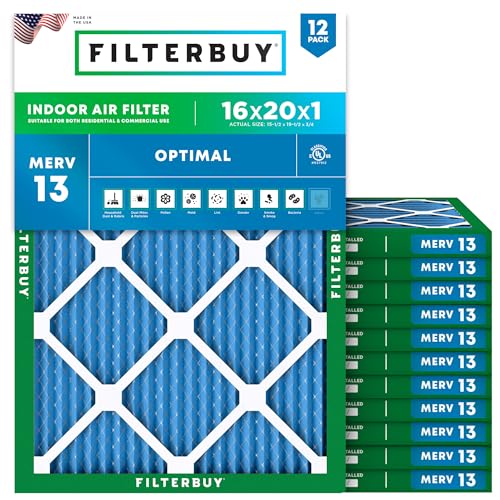 Filterbuy 16x20x1 Air Filter MERV 13 (MPR 1900) Health Defense Replacement (12-Pack), Electrostatic Pleated HVAC AC Furnace Filters, Made in USA (Actual Size: 15.50 x 19.50 x 0.75)