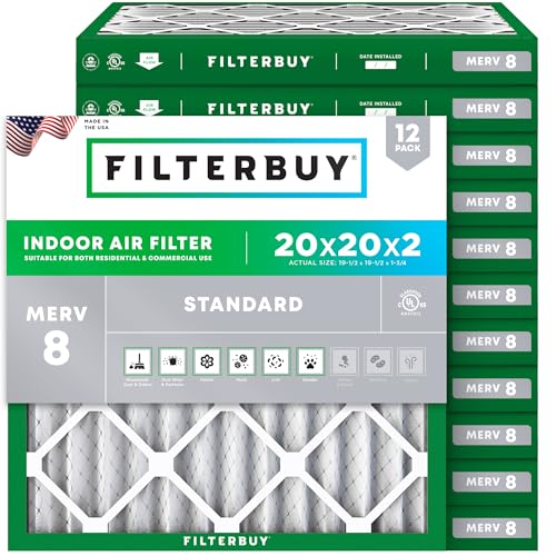 Filterbuy 20x20x2 Air Filter MERV 8 (MPR 700) Dust Defense Replacement (12-Pack), Electrostatic Pleated HVAC AC Furnace Filters, Made in USA (Actual Size: 19.50 x 19.50 x 1.75)