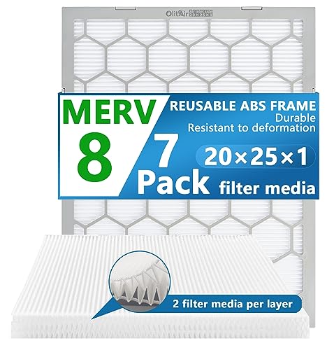 OlitAir 20x25x1 MERV 8 Air Filter,AC Furnace Air Filter,Reusable ABS Plastic Frame, 7 Pack Replaceable Filter Media (Actual Size: 19 3/4" x 24 3/4" x 3/4")