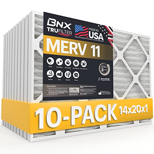 BNX 14x20x1 MERV 11 Air Filter 10 Pack - MADE IN USA - Electrostatic Pleated Air Conditioner HVAC AC Furnace Filters - Removes Dust, Mold, Pollen, Lint, Pet Dander, Smoke, Smog