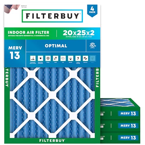 Filterbuy 20x25x2 Air Filter MERV 13 (MPR 1900) Health Defense Replacement (4-Pack), Electrostatic Pleated HVAC AC Furnace Filters, Made in USA (Actual Size: 19.50 x 24.50 x 1.75)