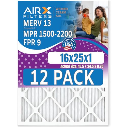 16x25x1 Air Filter MERV 13 Rating, 12 Pack of Furnace Filters Comparable to MPR 1500-2200 & FPR 9 - Made in USA by AIRX FILTERS WICKED CLEAN AIR.