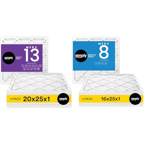 Simply by MervFilters, 20x25x1 Air Filter, Merv 13, MPR 1500, AC Furnace Air Filter, 6 Pack & Simply 16x25x1 Air Filter, MERV 8, MPR 600, AC Furnace Air Filter, 6 Pack