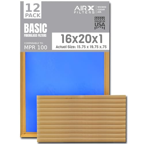 16x20x1 Air Filter Comparable to MPR 100 Basic Economy Furnace Filters, 12 Pack of Non Pleated Fiberglass Filter For Dust - Low Airflow Restriction! From AIRX FILTERS WICKED CLEAN AIR.