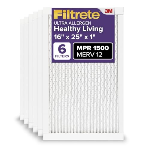 Filtrete 16x25x1 AC Furnace Air Filter, MERV 12, MPR 1500, CERTIFIED asthma & allergy friendly, 3 Month Pleated 1-Inch Electrostatic Air Cleaning Filter, 6-Pack (Actual Size 15.69x24.69x0.78 in)