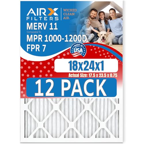 18x24x1 Air Filter MERV 11 Rating, 12 Pack of Furnace Filters Comparable to MPR 1000, MPR 1200 & FPR 7 - Made in USA by AIRX FILTERS WICKED CLEAN AIR.