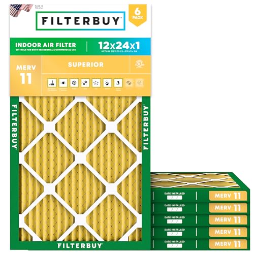 Filterbuy 12x24x1 Air Filter MERV 11 Superior Pet & Allergy Defense (6-Pack), Electrostatic Pleated HVAC AC Furnace Filters Replacement, Made in USA (Actual Size: 11.50 x 23.50 x 0.75)