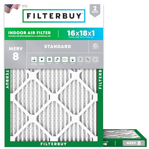 Filterbuy 16x18x1 Air Filter MERV 8 Essential Dust & Allergy Defense (2-Pack), Electrostatic Pleated HVAC AC Furnace Filters Replacement, Made in USA (Actual Size: 15.50 x 17.50 x 0.75)