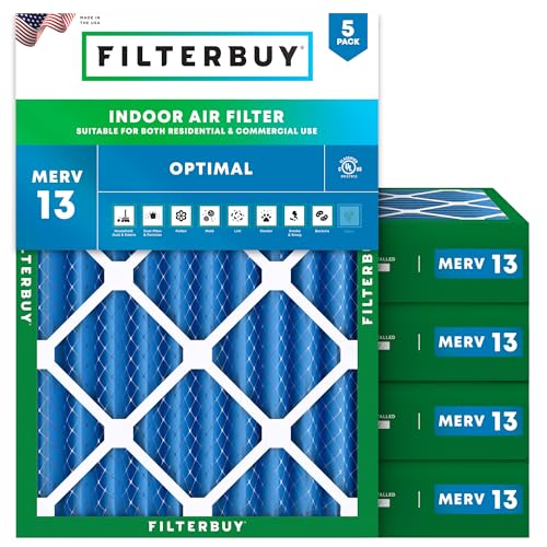 Filterbuy 20x25x4 Air Filter MERV 13 Optimal Smoke & Allergy Defense (5-Pack), Electrostatic Pleated HVAC AC Furnace Filters Replacement, Made in USA (Actual Size: 19.50 x 24.50 x 3.63)